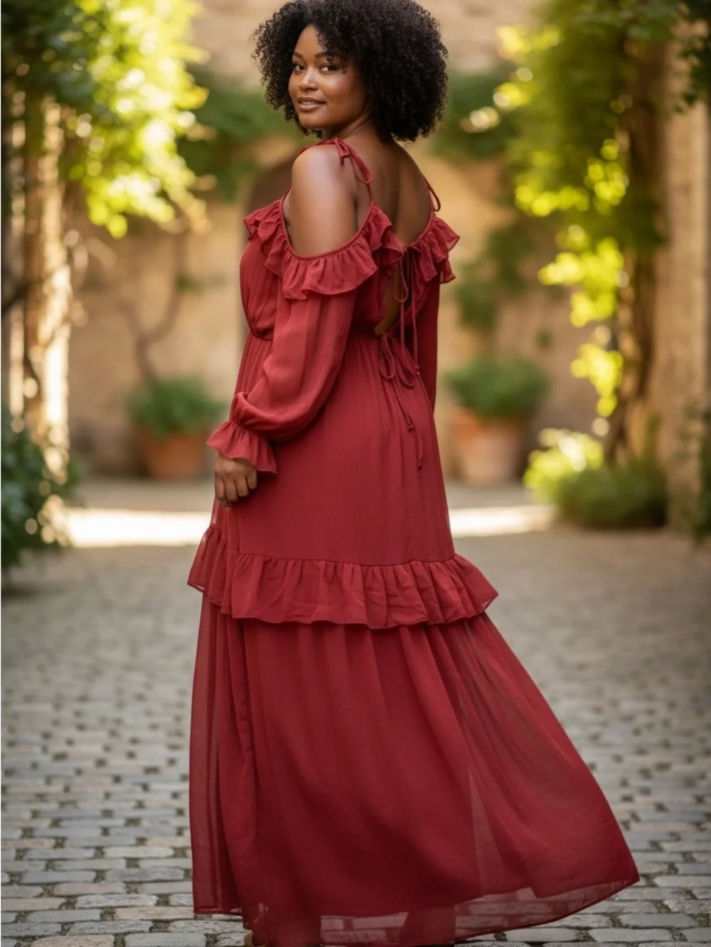 ASOS Rust-Red Ruffle Cold-Shoulder Maxi Dress